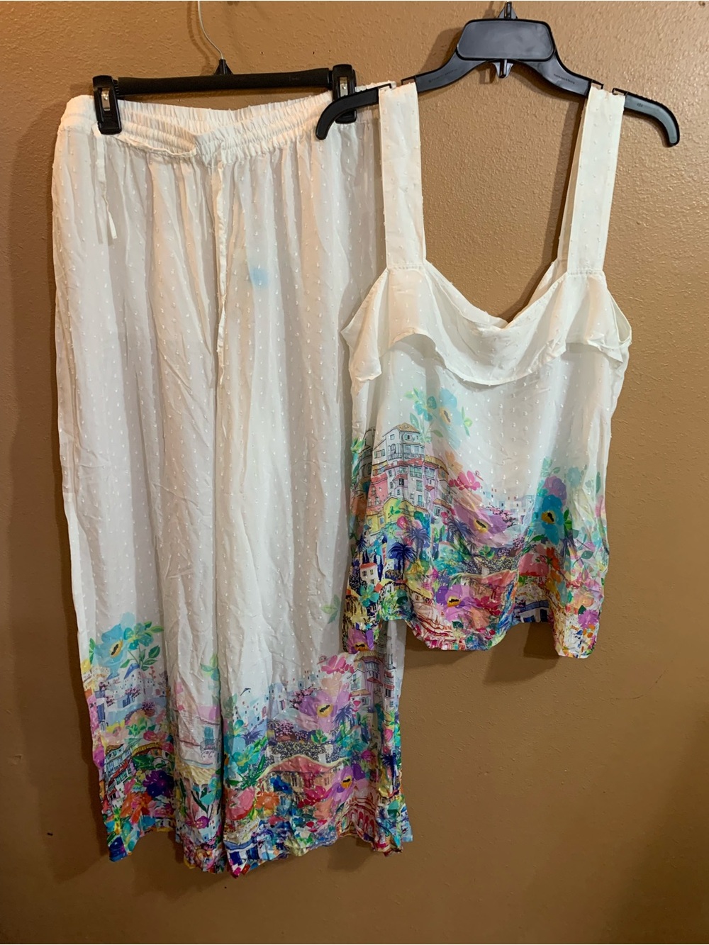 Johnny Was California City Border White Cami & Wide Leg Pants Set  XL NWT